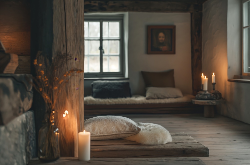 Clair Obscur Design, décoration intérieure Wabi-Sabi, design minimaliste, matériaux naturels. Chambre rustique et campagnarde, coin de repos et méditation, avec mur en plâtre et poutres apparentes, pot de mouton avec coussins aux couleurs terreuses, plancher en bois, banc et table rustiques, chandelles et fleurs séchées, lumière tamisée, ambiance calme et chaleureuse, style slow living, décor épuré, design écoresponsable, textures naturelles, intérieur apaisant et relaxant.