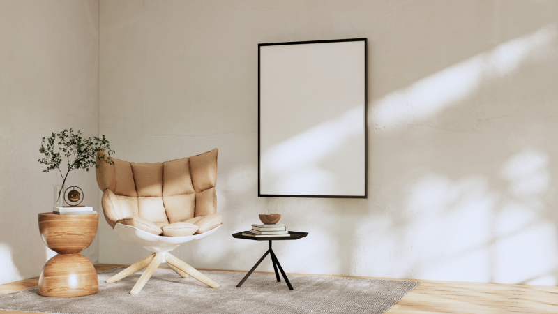 Clair Obscur Design, décoration intérieure Wabi-Sabi, design minimaliste, matériaux naturels. Découvrez un espace Wabi-Sabi minimaliste avec chaise en cuir, table d'appoint en bois, table d'appoint en cuir, et intérieur désencombré, mettant en valeur le slow living, le désencombrement maison, le design écoresponsable, la décoration naturelle, et le minimalisme fonctionnel pour un intérieur apaisant, harmonieux, et authentique.