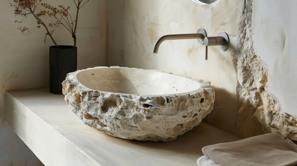 Clair Obscur Design, décoration intérieure Wabi-Sabi, design minimaliste, matériaux naturels. Gros plan sur une salle de bain Wabi-Sabi avec lavabo en pierre naturelle assorti au mur en pierre, mur en plâtre texturé, robinets en acier, et couleurs neutres et pâles, intégrant le slow living, le désencombrement maison, le design écoresponsable, la décoration naturelle, et le minimalisme fonctionnel pour un espace apaisant, authentique, et harmonieux.