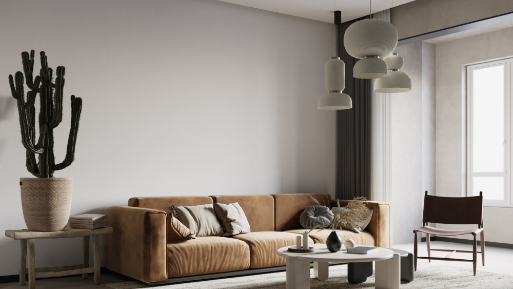 Clair Obscur Design, décoration intérieure Wabi-Sabi, design minimaliste, matériaux naturels. Salon moderne Wabi-Sabi avec divan en velours ocre, table blanche, table cigogne blanche et grise, chaise accent en cuir, luminaires en plâtre, cactus sur table rustique en bois, mur blanc et palette de couleurs neutres, décor minimaliste, éléments naturels, reflétant le slow living, le désencombrement maison, le design écoresponsable, le minimalisme fonctionnel, et la décoration naturelle.