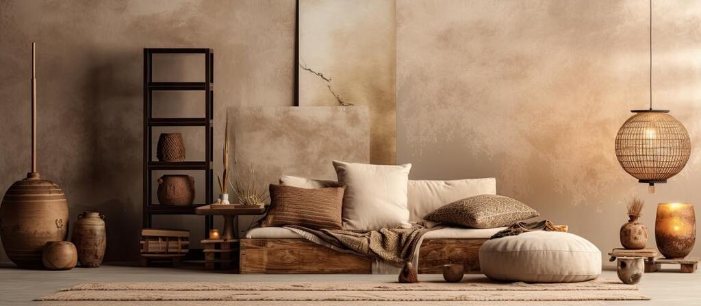 Clair Obscur Design, décoration intérieure Wabi-Sabi, design minimaliste, matériaux naturels. Découvrez un salon Wabi-Sabi avec mur effet chaux, divan bas avec coussins, luminaires en papier, vases décoratifs, et éléments naturels soigneusement disposés pour créer une ambiance apaisante, authentique, et organique. Ce décor met en valeur le désencombrement maison, le design intérieur écoresponsable, la décoration naturelle, et le slow living, avec un aménagement durable et des textiles en lin et coton pour un intérieur harmonieux, inspiré par le Japandi, le minimalisme, et la philosophie Wabi-Sabi.