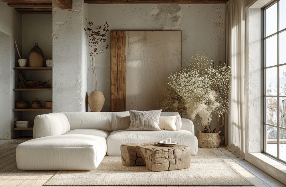 Clair Obscur Design, décoration intérieure Wabi-Sabi, design minimaliste, matériaux naturels. Salon minimaliste et habis-habi avec divan bas blanc confortable et moelleux, table rustique en bois, tableaux et éléments naturels, fleurs séchées dans de grands vases, murs en ciment, étagères encastrées en bois avec poterie, rideaux en lin, grande fenestration, style slow living, design écoresponsable, décor épuré, textures naturelles, créant un intérieur apaisant et organisé.