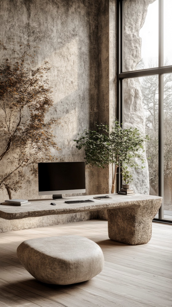 Clair Obscur Design, design intérieur minimaliste, décoration Wabi-Sabi, organisation maison. Bureau à la maison avec bureau en pierre naturelle, banc en pierre, mur de pierre uni, plantes et arbres, espace désencombré et épuré, design minimaliste et slow living, textures naturelles, intérieur apaisant et harmonieux, style Wabi-Sabi, matériaux durables et écoresponsables, décor simple et élégant.