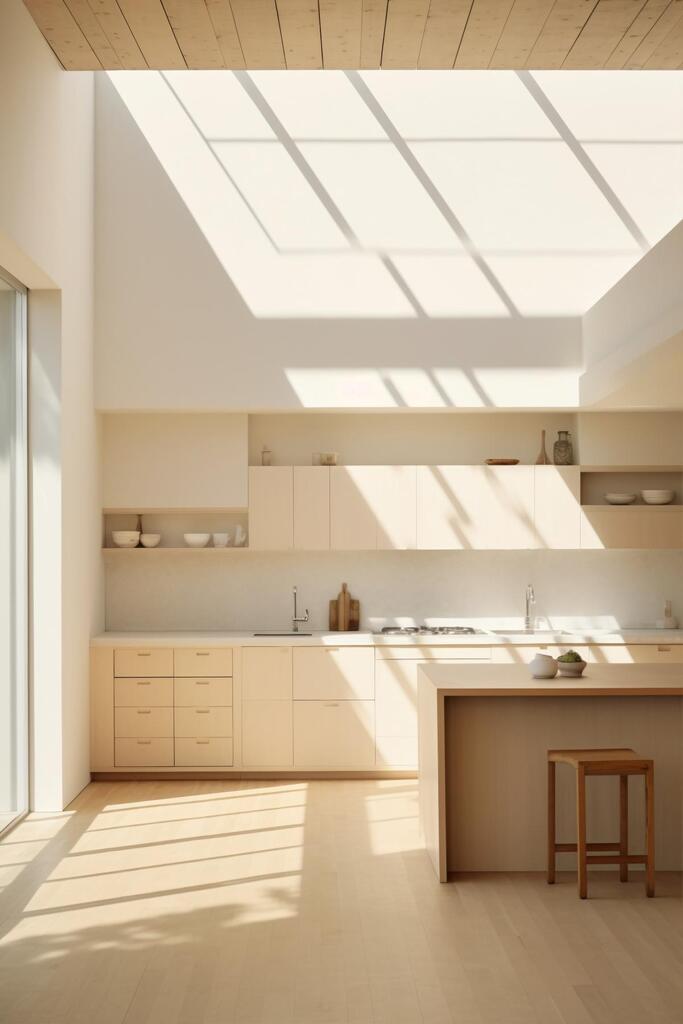 Clair Obscur Design, designer d'intérieur virtuel, design intérieur Canada, organisation maison, décoration Airbnb, Cuisine contemporaine minimaliste blanche moderne, design simple avec concept ouvert et idées de rangement efficaces pour désencombrer l’espace.