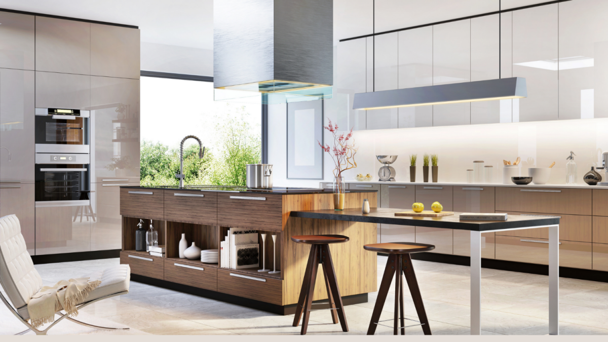 Clair Obscur Design, designer d'intérieur virtuel, design intérieur Canada, organisation maison, décoration Airbnb, Cuisine contemporaine avec armoires blanches unies, îlot central en bois naturel, table intégrée, rangement optimisé, désencombrement, style minimaliste, éco-conscient, matériaux durables, design moderne.