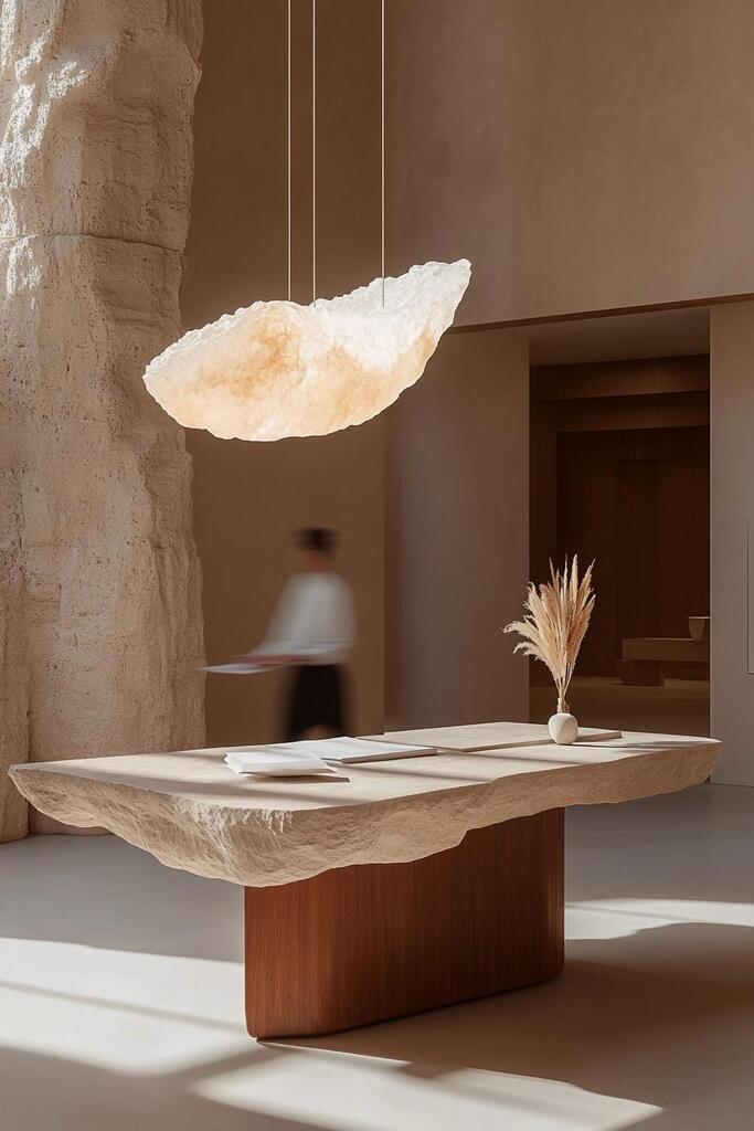 Clair Obscur Design, designer d'intérieur virtuel, design intérieur Canada, organisation maison, décoration Airbnb, Entrée contemporaine Wabi-Sabi, bureau en pierre naturelle, luminaire suspendu organique, design minimaliste, esthétique naturelle, décor épuré et apaisant.