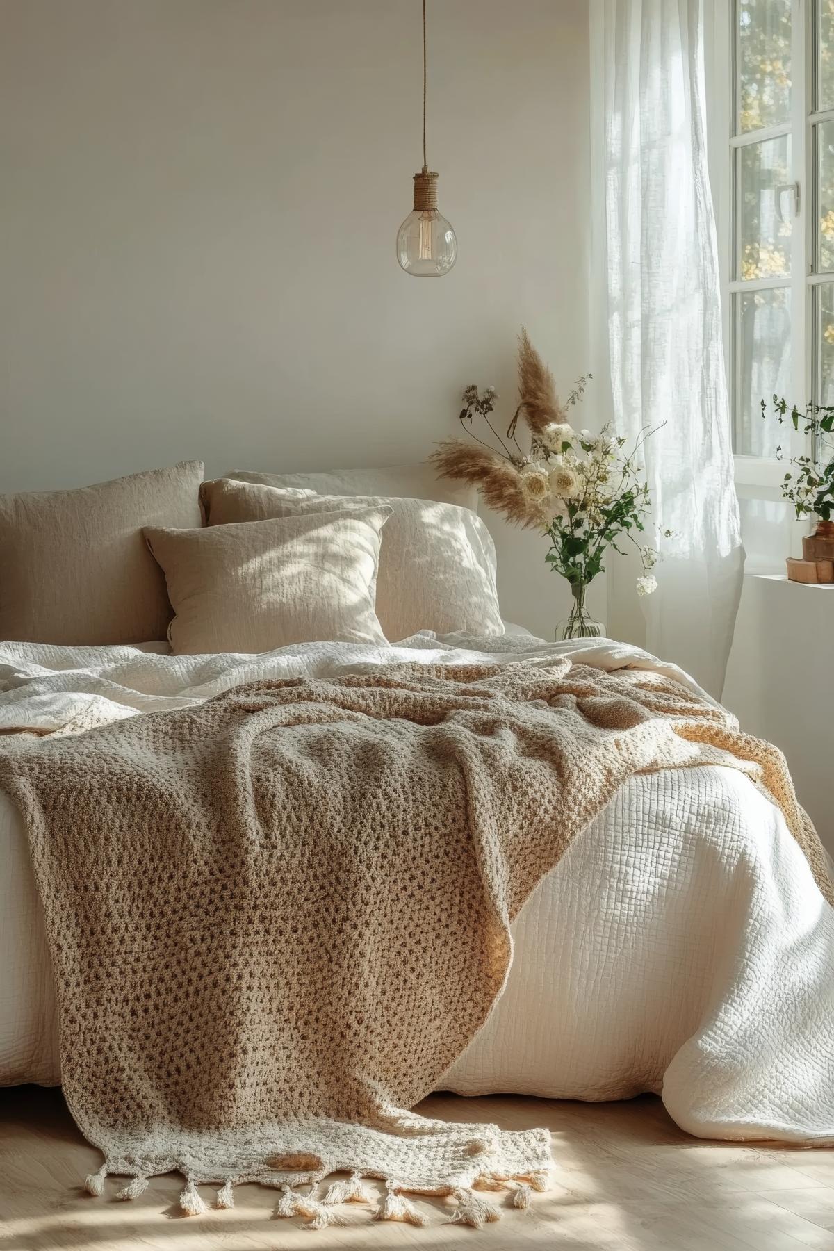 Clair Obscur Design, Design Intérieur Canada, Organisation Maison, Désencombrement Maison, Ranger sa Maison, Décoration Intérieure, chambre bohème chic, linge de lit en lin naturel, couvre-lit crème et pêche, fleurs séchées, voilages en coton léger, luminaire suspendu minimaliste, ambiance chaleureuse et relaxante, décoration éco-responsable, matériaux durables et naturels, style bohème épuré, intérieur apaisant et confortable.