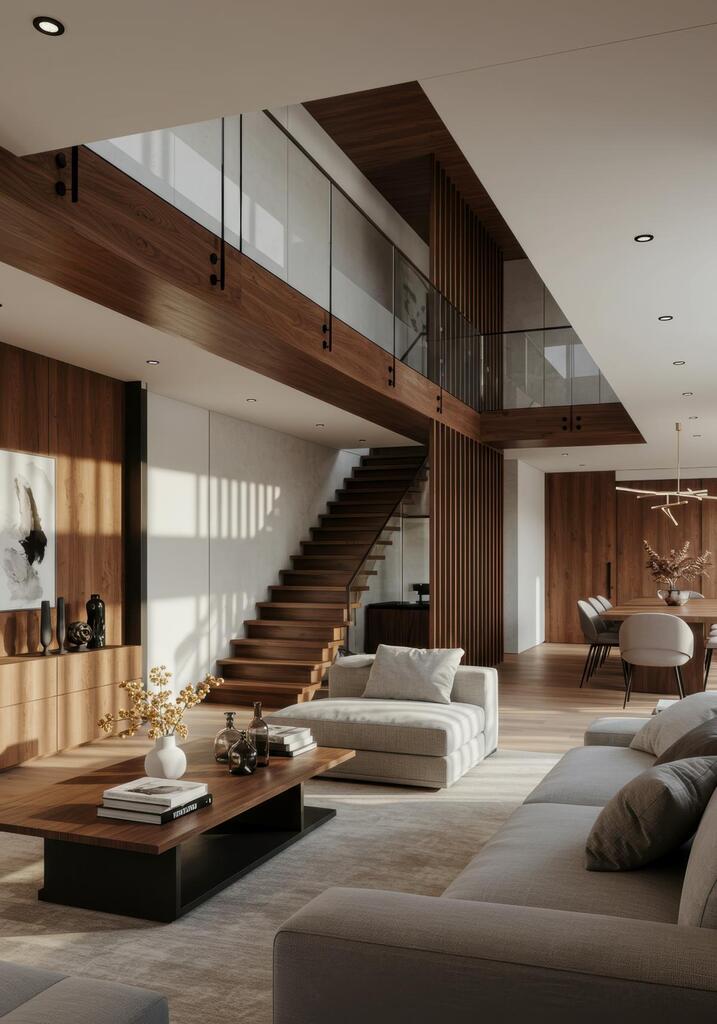 Clair Obscur Design, Design Intérieur Canada, Décoration Airbnb, Design Intérieur Airbnb, Location courte durée décorée, Airbnb moderne contemporain, intérieur blanc et bois épuré, divans et fauteuils résistants, salle à manger pour 8 personnes, chaise confortable, table en bois durable, luminaires suspendus en or, escaliers en bois et rampe en verre, réaménagement durable, mobilier écologique, matériaux à faible impact, décoration minimaliste et chaleureuse, espace accueillant et optimisé pour revenus locatifs.