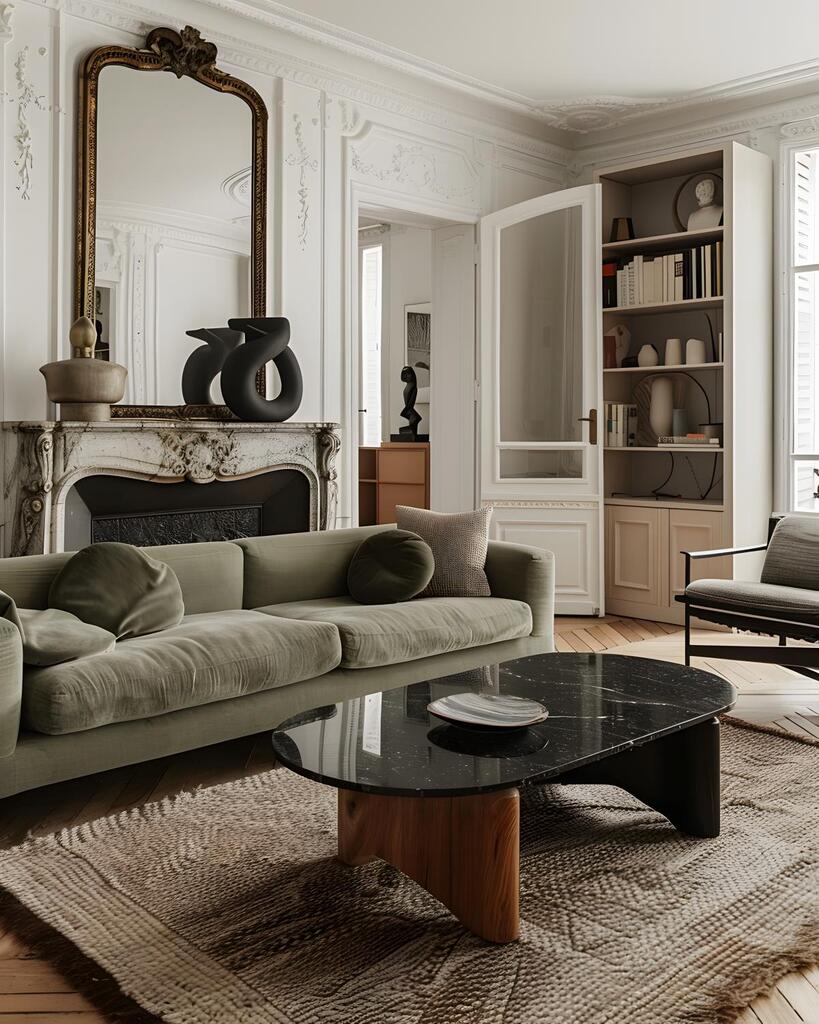 Clair Obscur Design, Design Intérieur Canada, Décoration Airbnb, Design Intérieur Airbnb, Location courte durée décorée, séjour traditionnel, murs blancs avec moulures décoratives, bibliothèque décorée, divan en velours vert, manteau de cheminée en marbre, table de salon en marbre noir, miroir antique doré, décoration harmonieuse et cohérente, hébergement locatif chaleureux, achats écoresponsables et durables, entretien facile.