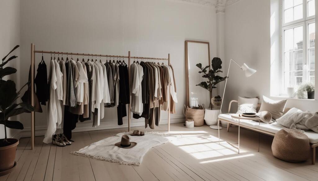 Clair Obscur Design, vestiaire minimaliste aux couleurs neutres, sur une tringle à vêtement, miroir sur pied, canapé et décor de style naturel éco conscient.