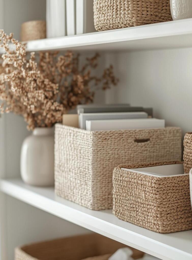Clair Obscur Design, Une bibliothèque organique moderne avec des paniers en osier, des étagères blanches, et une décoration en pots de fleurs séchées, parfaite pour l’organisation maison, rangement maison, et désencombrement, offrant un nettoyage maison facile, des astuces ménage, un rangement cuisine et organisation placard optimisés, tout en favorisant un nettoyage écologique, le désencombrement chambre, et un rangement minimaliste harmonieux.
