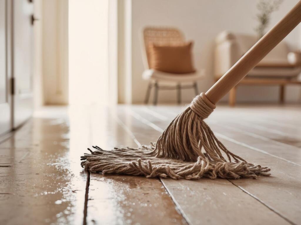 Clair Obscur Design, ranger sa maison, nettoyage de la maison, Gros plan sur une serpillière nettoyant un sol en bois humide dans un intérieur chaleureux.