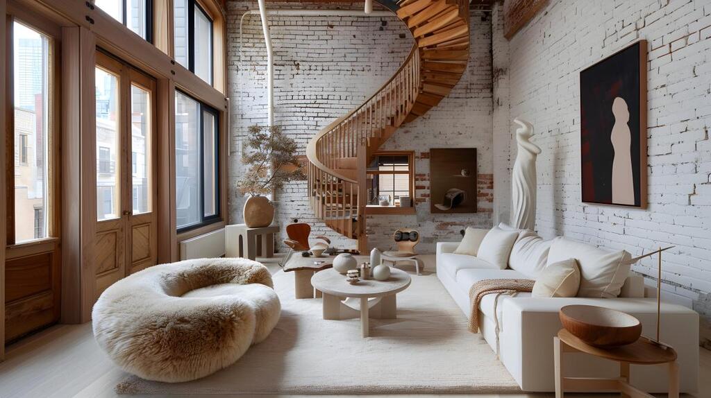 Clair Obscur Design, designer d'intérieur virtuel, décoration salon, salon contemporain meubles blancs, escalier en bois colimaçon, mur brique accent, grande fenestration.