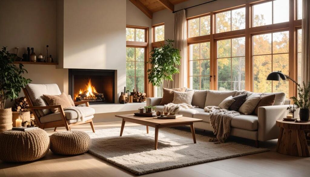 Clair Obscur Design, Design écoconscient, design intérieur de salon, salon chaleureux avec grande fenestration, divan blanc, foyer point focal en plâtre