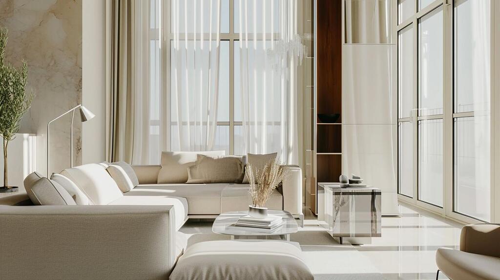 Clair Obscur Design, Aménagement intérieur d'un salon avec canapé, esthétique minimaliste, rendu 3D, salon minimaliste blanc moderne