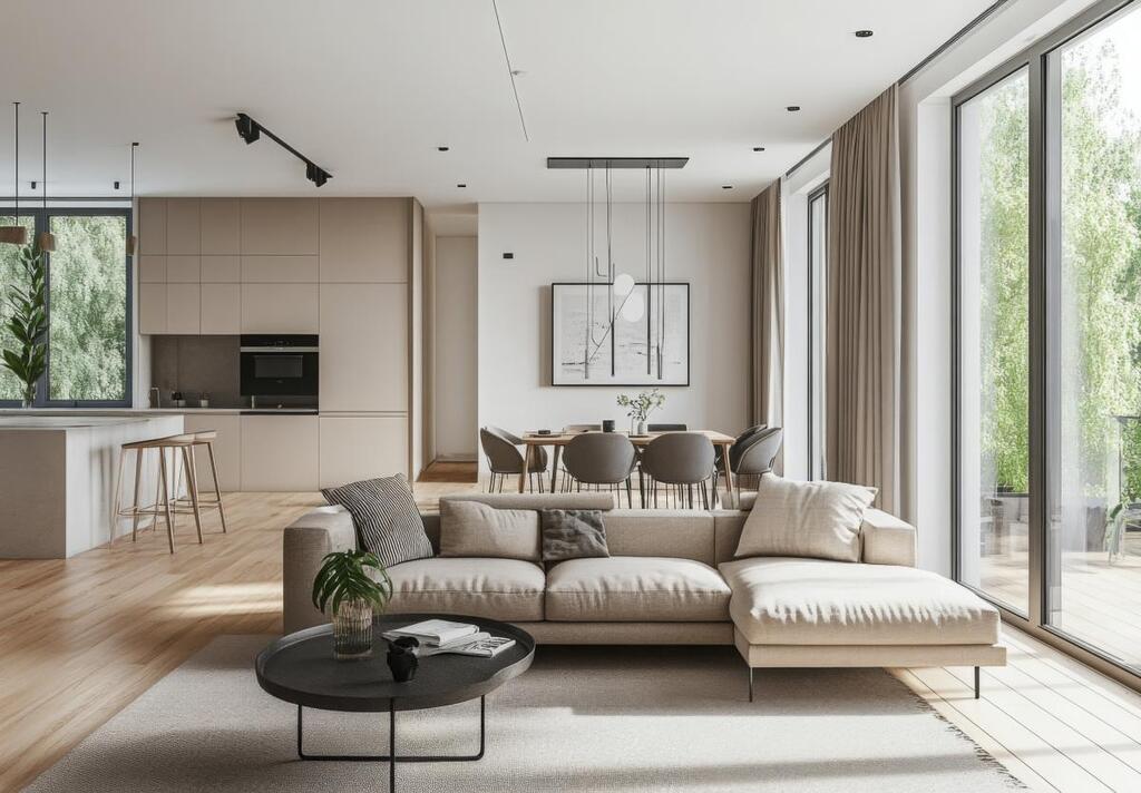 Clair obscur design, Salon minimaliste et ouvert, aux couleurs neutres, avec un mobilier moderne et de grandes fenêtres laissant entrer la lumière naturelle.