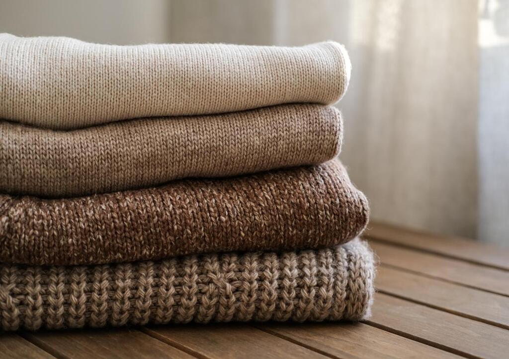 Clair Obscur Design, design intérieur virtuel, organisation maison, désencombrement, pulls tricotés empilés, dans des tons de blancs et beiges, rideau en fin coton naturel