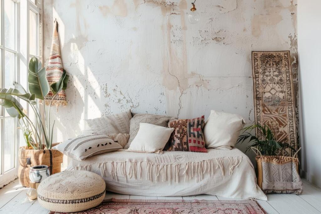 Clair Obscur Design, désencombrement de maison, décoration intérieur, Décor éclectique d'inspiration bohème sur une surface blanche transparente et douce, idéal pour les designs éclectiques.