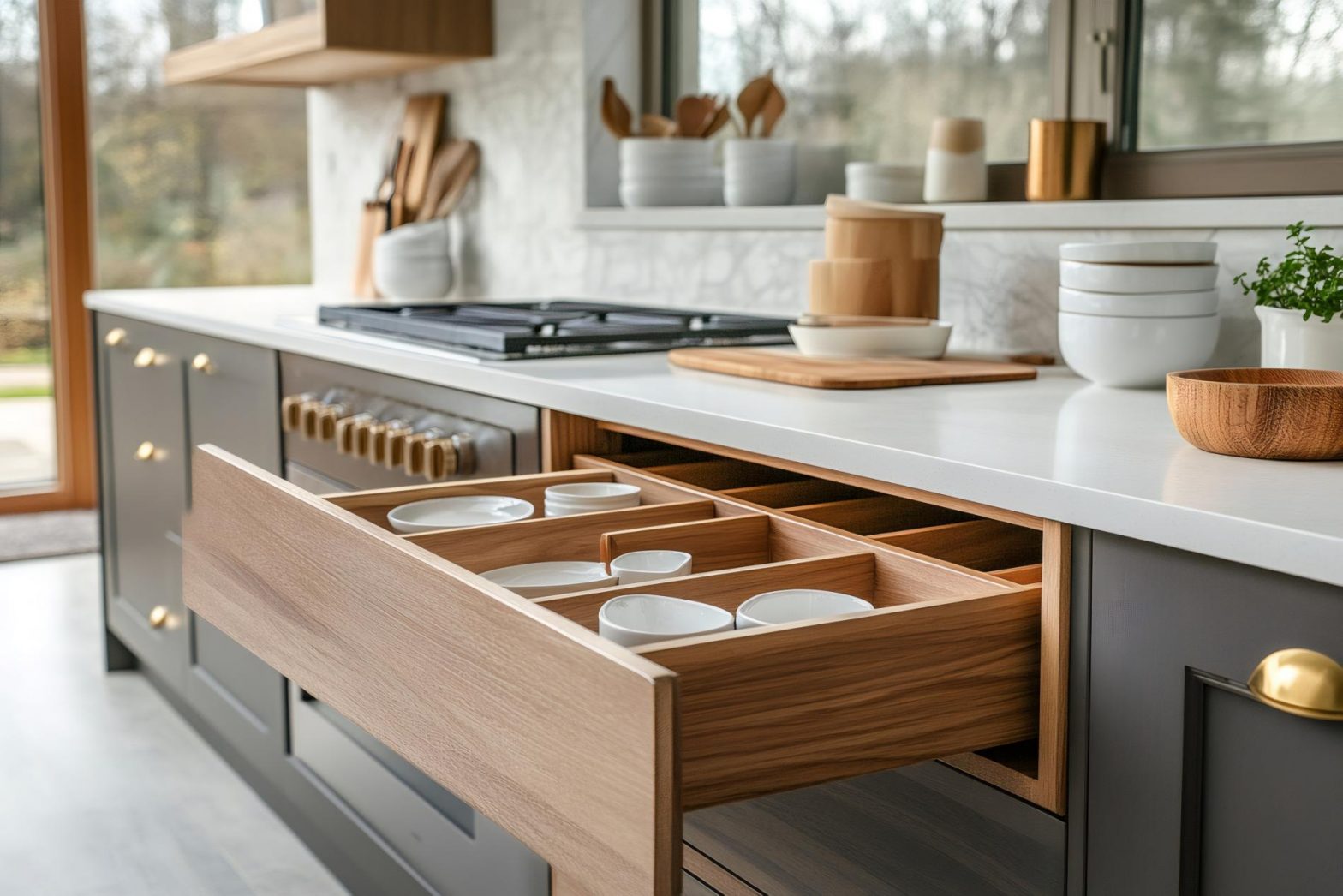 Clair Obscur Design, designer d'intérieur virtuel,organisation maison, ranger sa maison, désencombrement maison, cuisine moderne armoire grises, comptoir en quartz blanc, rangement de tiroir en bois.