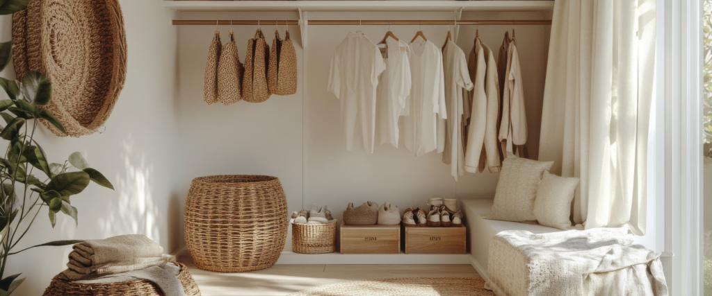 Clair Obscur Design, virtual interior designer, interior design Canada, home organization, Airbnb decor, simple living, bedroom decor, minimalist closet with neutral neutral farmhouse color scheme