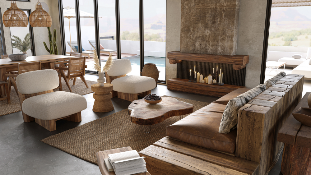 Clair Obscur Design, virtual interior designer, interior design Canada, home organization, Airbnb decoration, Wabi-Sabi interior design, open concept living room with natural textures and materials, natural wood furniture.
