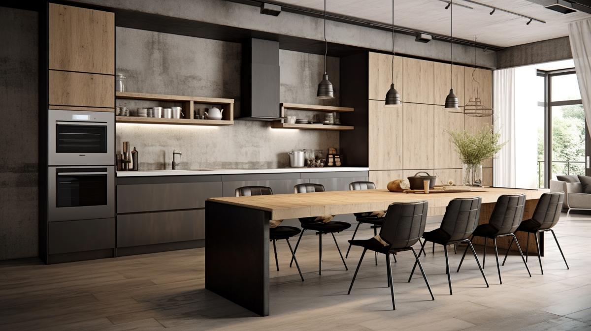 Clair Obscur Design, Interior Design, Airbnb Interior Design, Vacation Rental Decor, Short-Term Rental Design, industrial contemporary kitchen, gray and wood cabinets, large table for 8 to 10 people, hanging metal shelves, simple and minimal decor, concrete flooring, eco-conscious and functional design, harmonious layout.