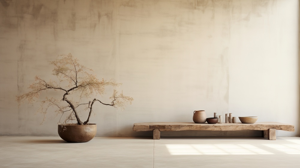 Clair Obscur Design, Home Decor, Interior Design, Home Improvement, Home Organization, minimalist Wabi-Sabi decor, rustic wooden bench, pottery vases, Asian tree in terracotta pot, lime-effect walls, natural ambiance, organic interior, Japandi style, eco-friendly home decor